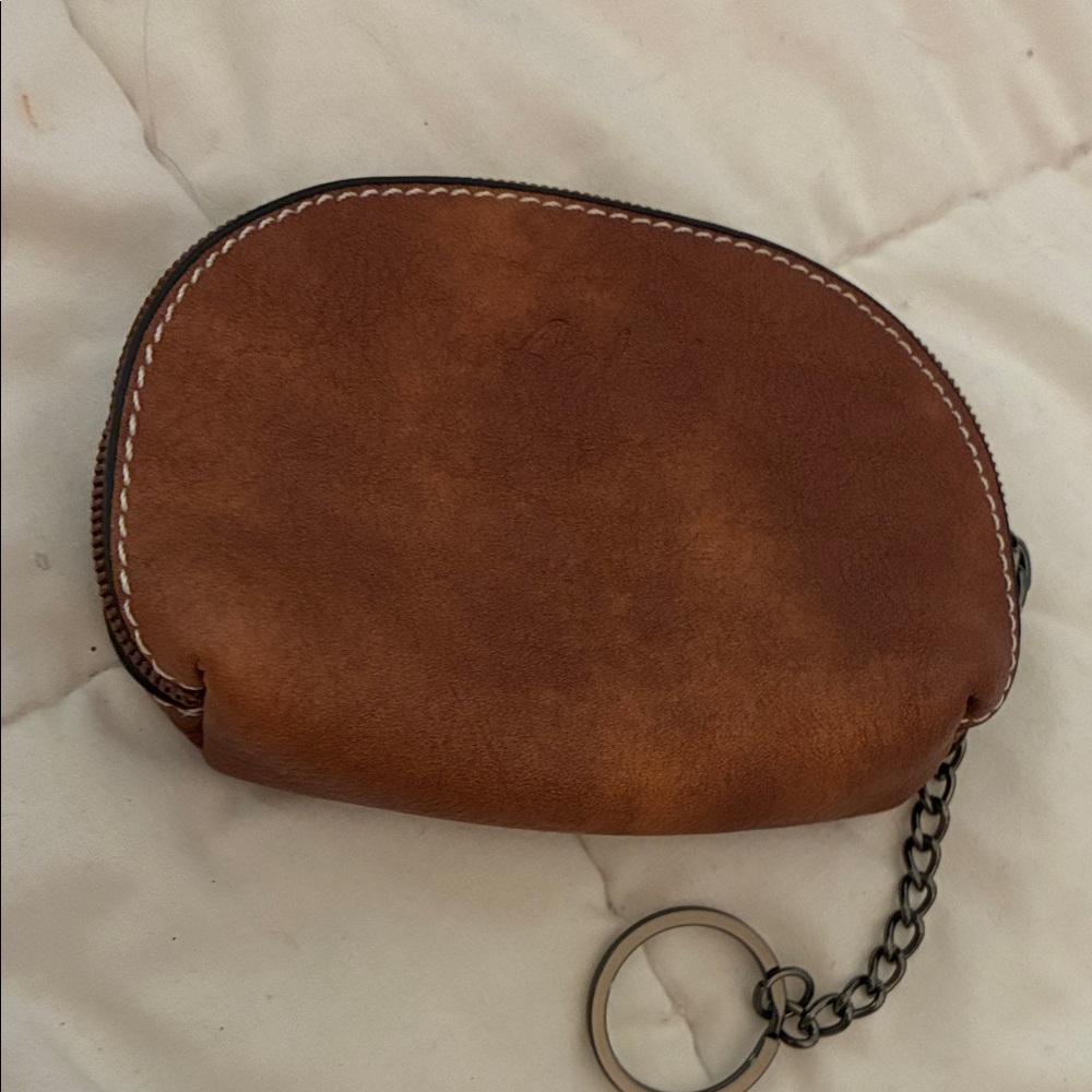 Chic Brown Leather Coin Pouch‎ with Chain
